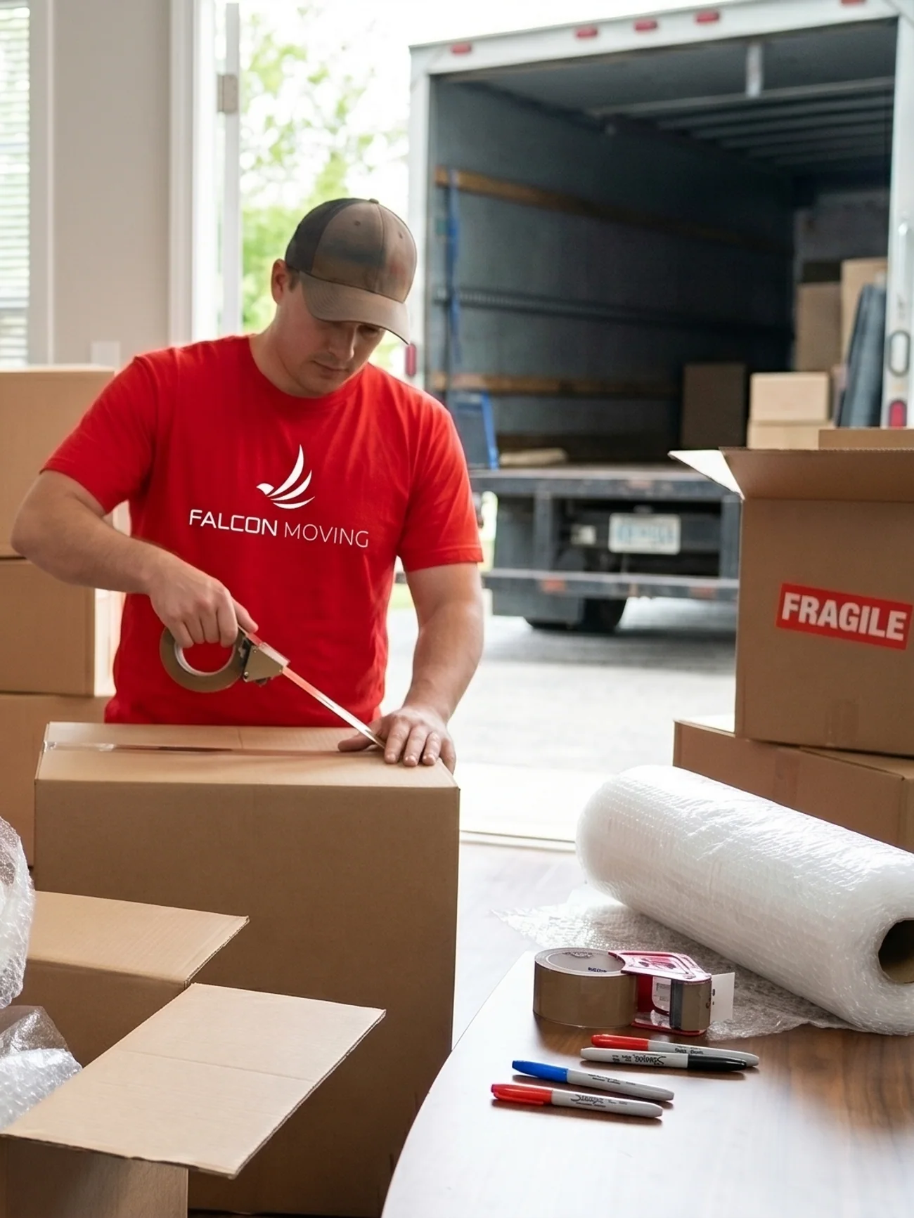 Falcon Moving crew member packing boxes before loading the truck