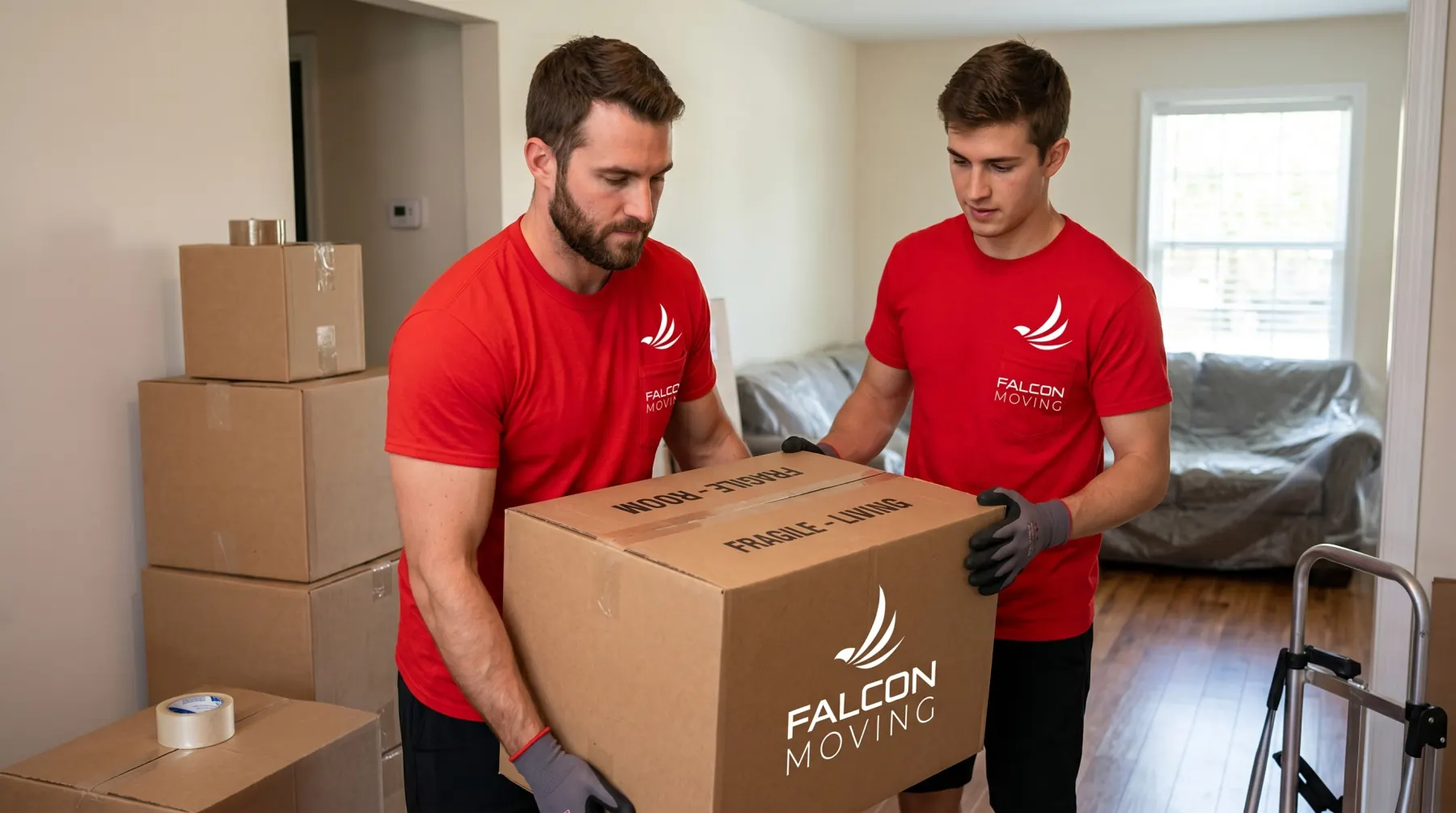 Falcon Moving movers carrying boxes inside a home