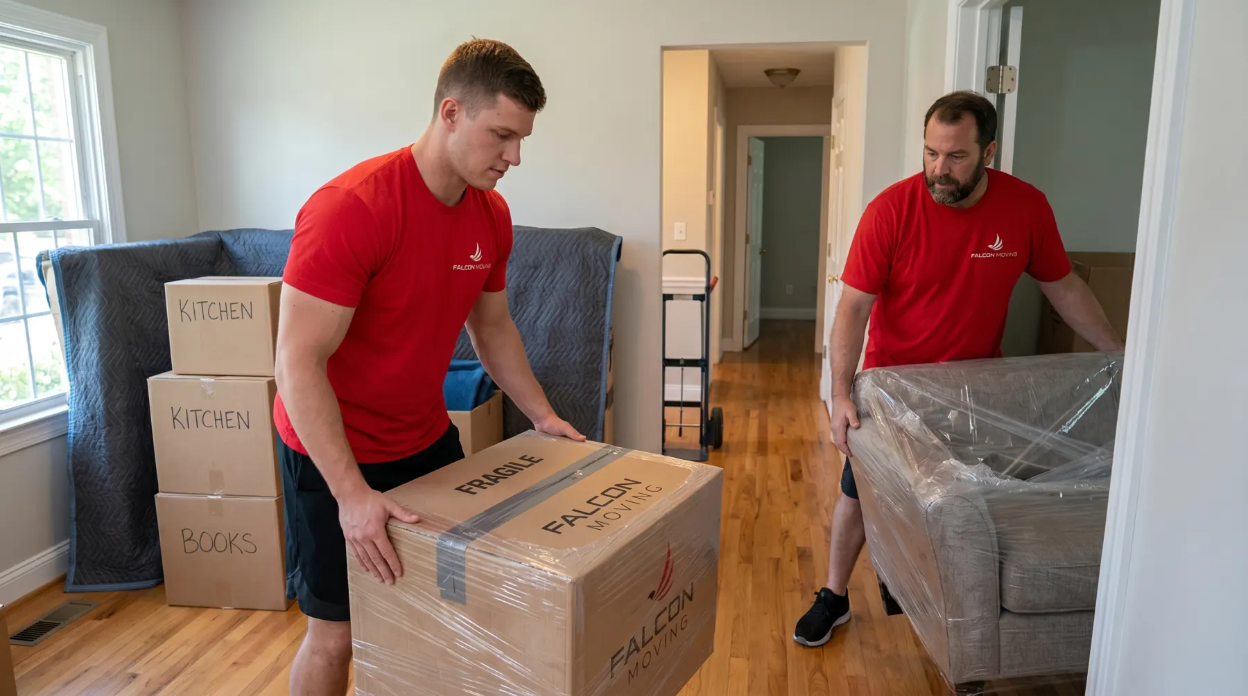 Falcon Moving crew moving a wrapped household item inside a home
