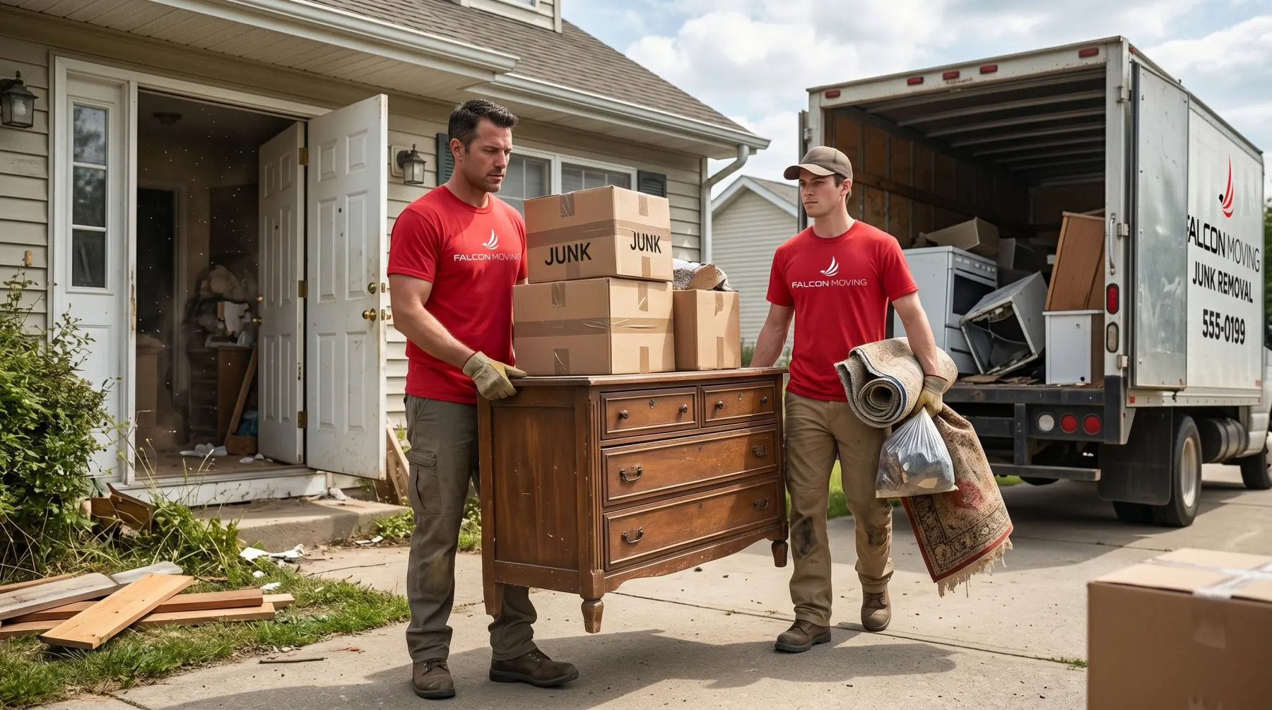 Falcon Moving crew carrying bulky furniture for junk removal