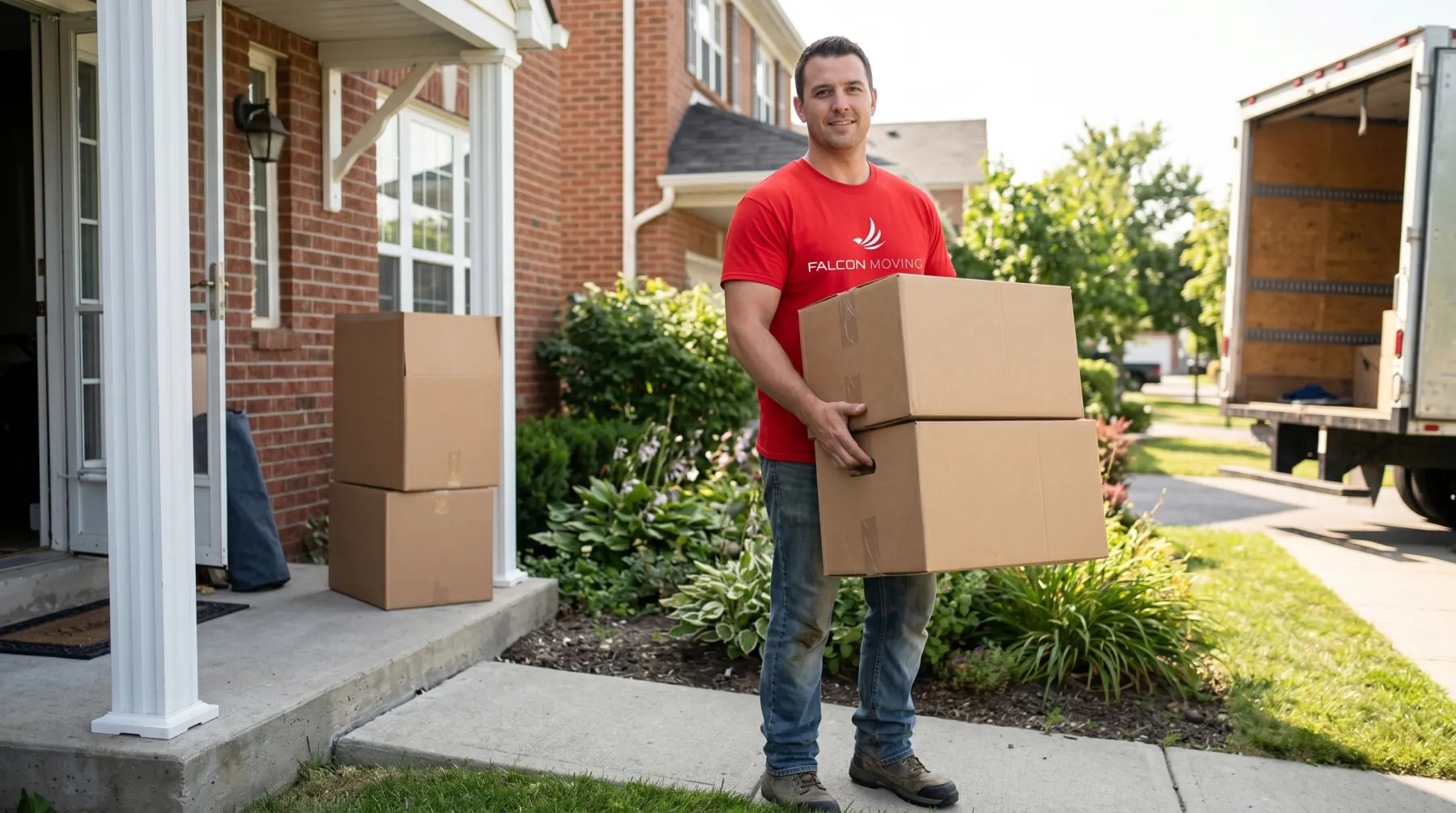 Falcon Moving labor crew carrying items outside a home