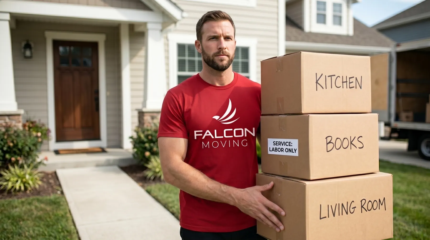 Falcon Moving labor-only mover carrying stacked boxes