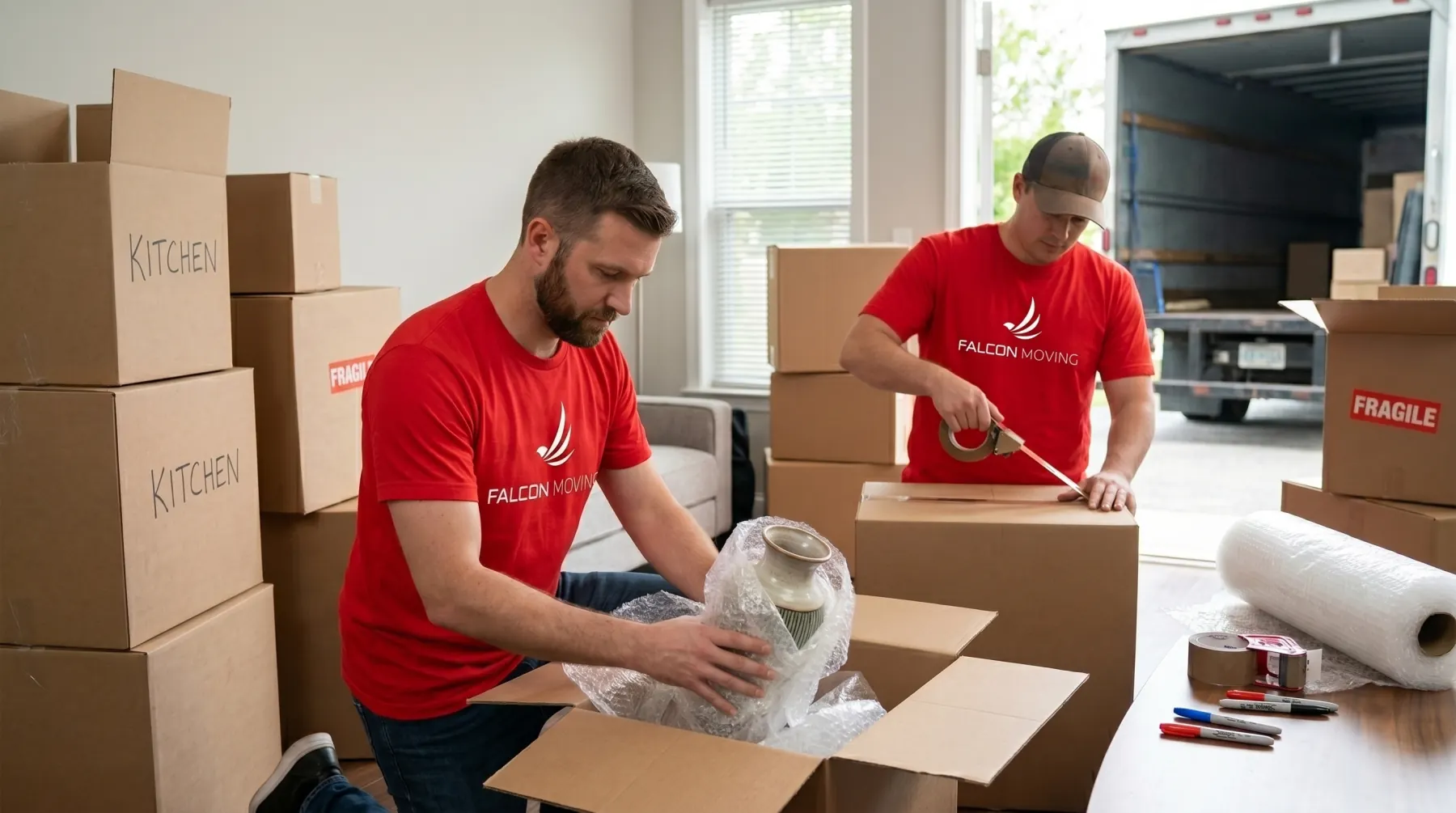 Falcon Moving crew preparing boxes and inventory before storage