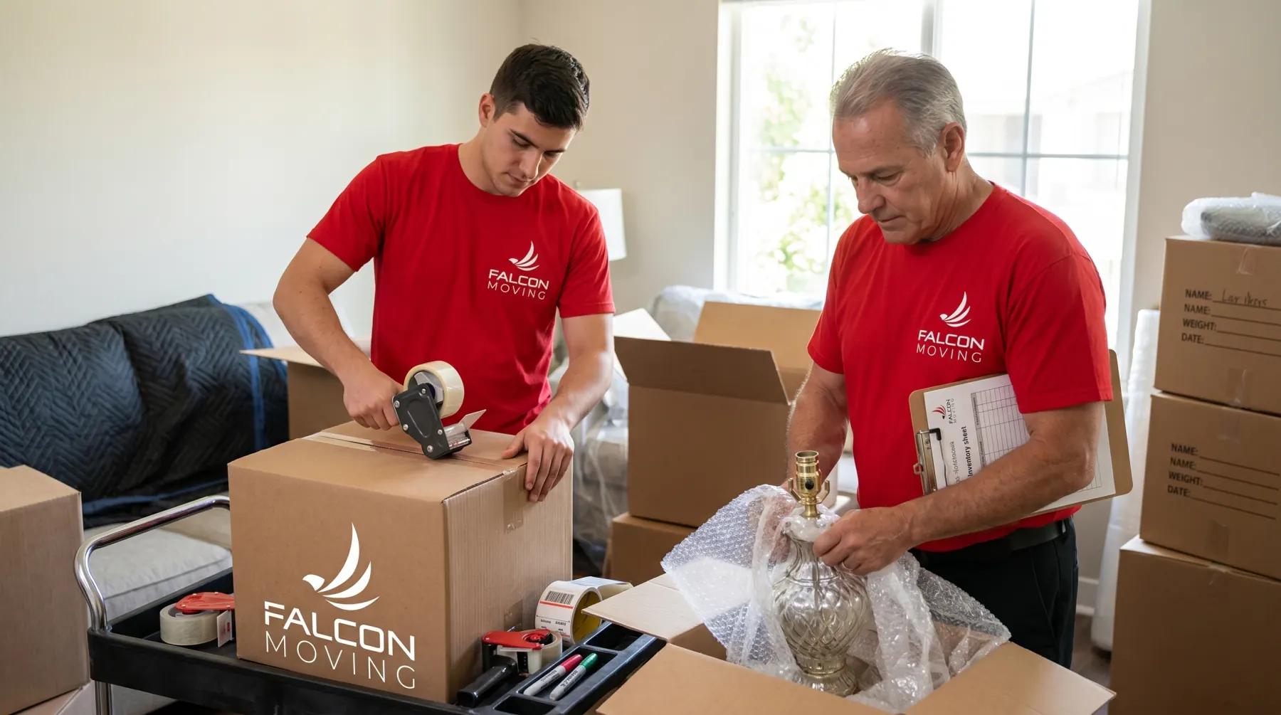 Falcon Moving crew packing household items with protective materials