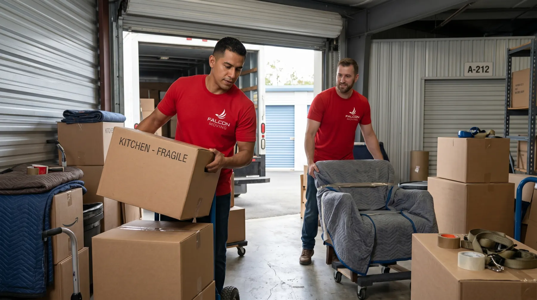 Storage service area with moving equipment and boxes