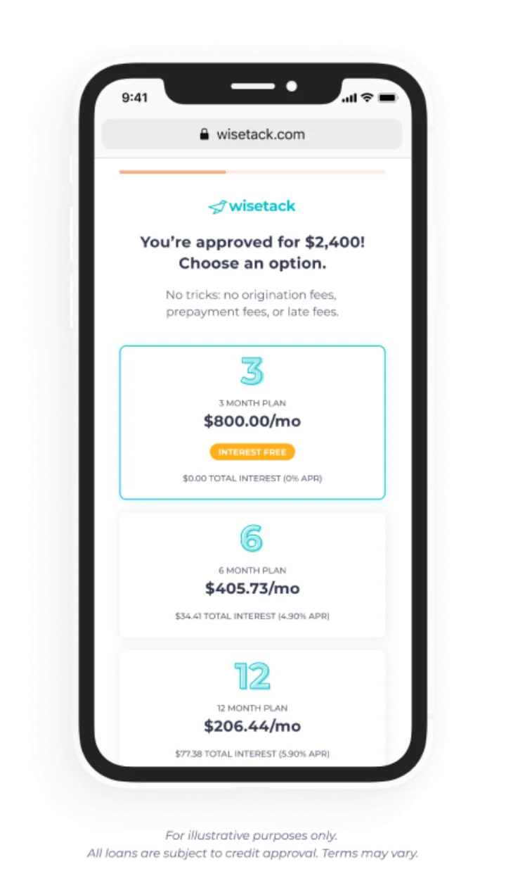 Wisetack mobile financing approval and payment plan options
